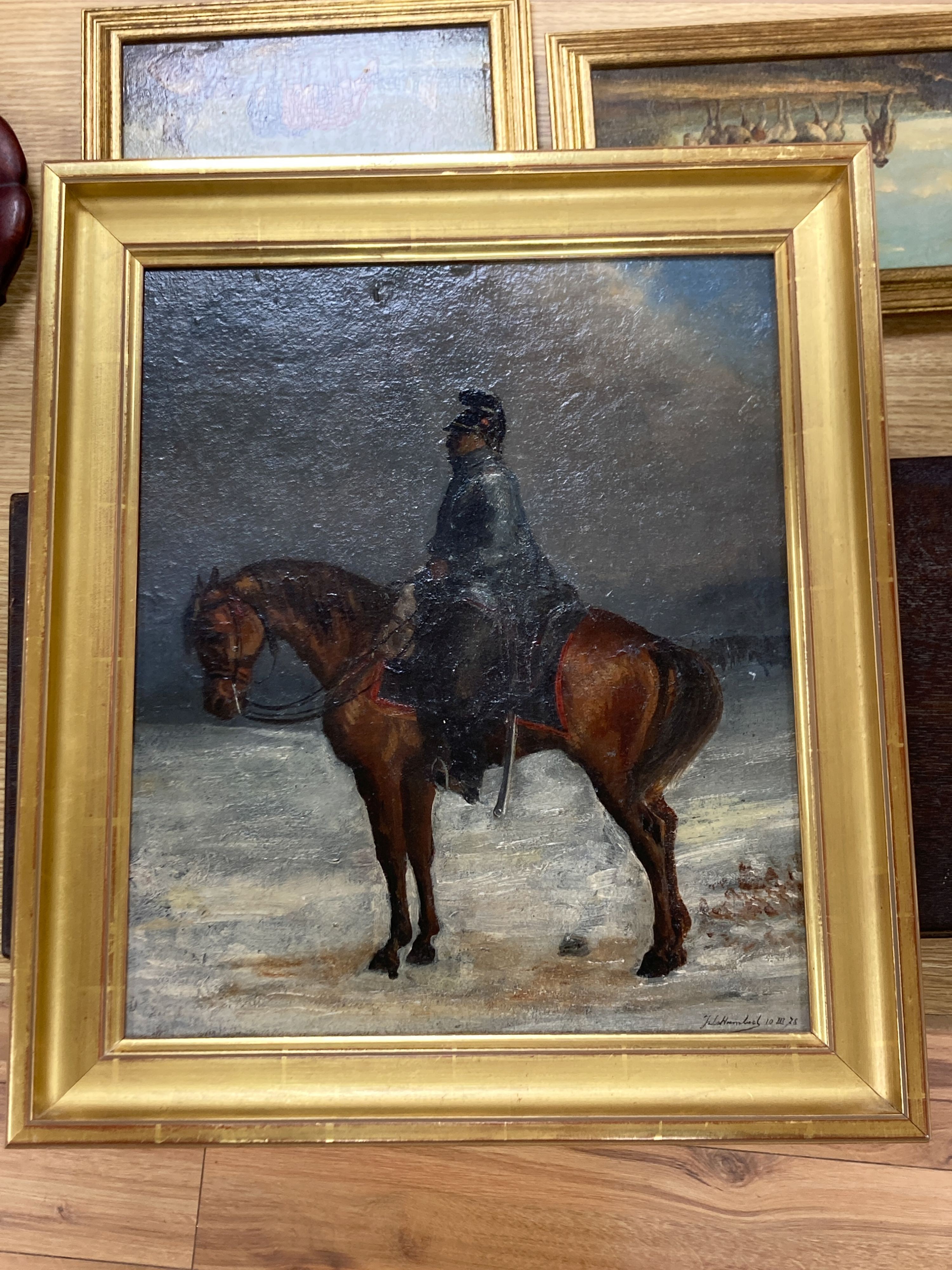 Jul. Harrabach (19th C.), oil on board, cavalryman on horseback in winter, signed, 37 x 31cm.